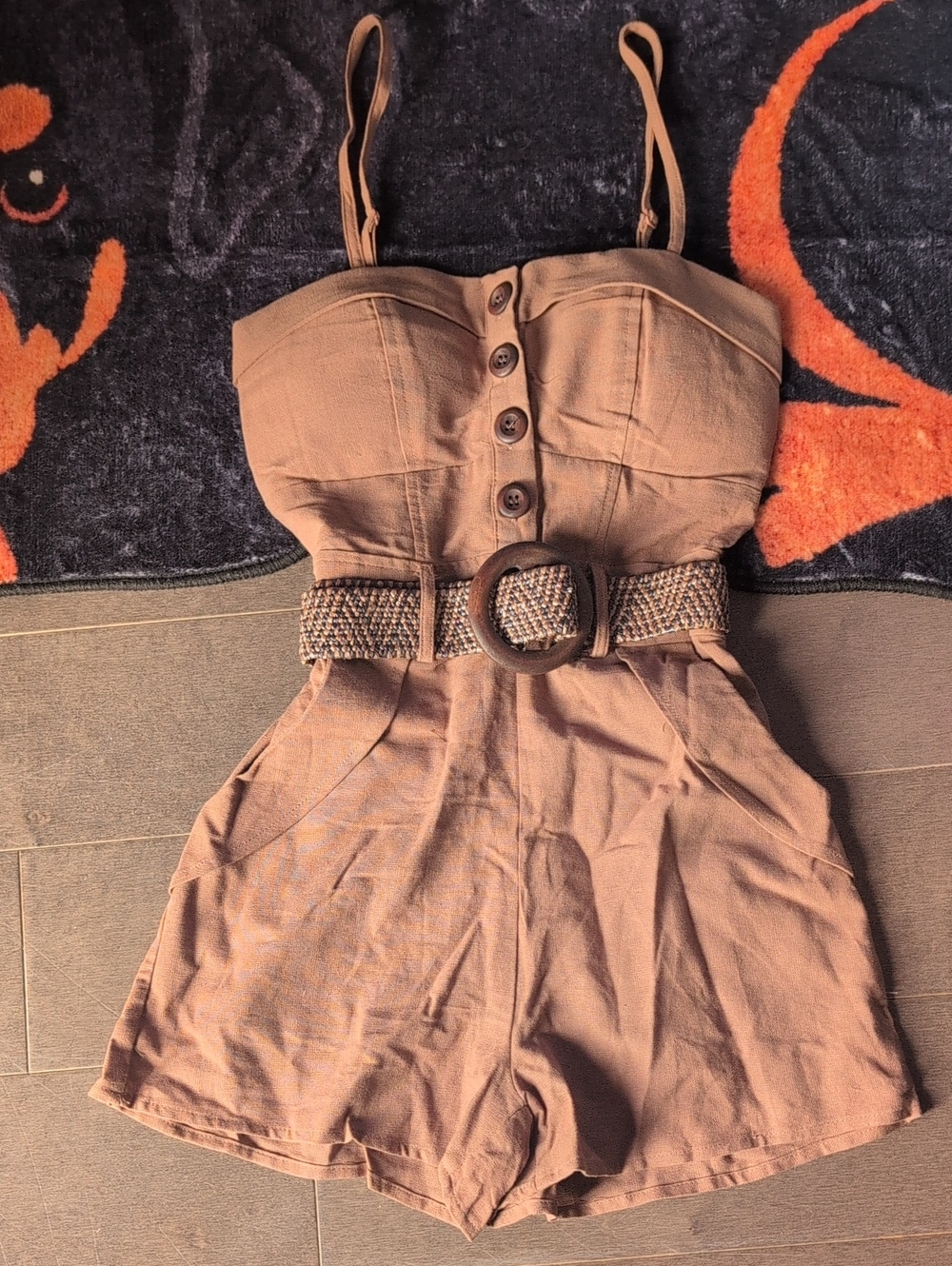 Revamped Brown Sleeveless Button-Front Romper with Woven Belt